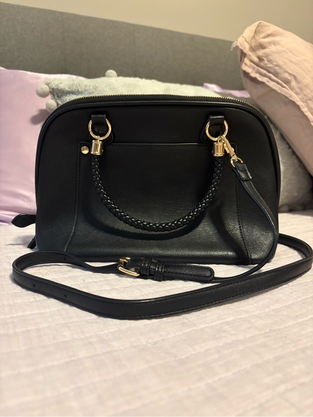 Madison West Black Leather Crossbody with Braided Top Handle